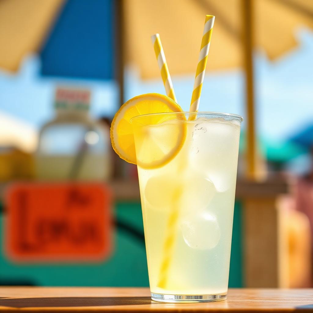 Fresh lemonade in a clear cup with lemon and striped straw